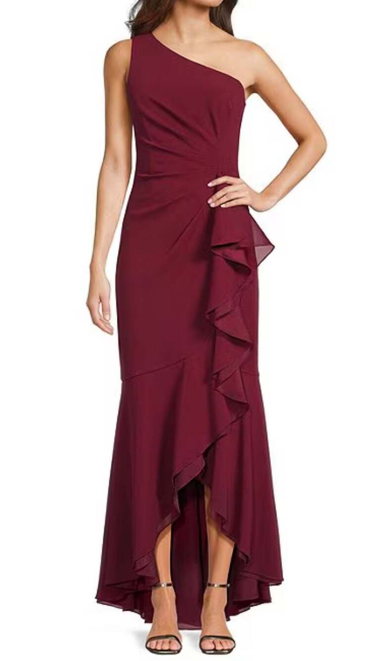 Adrianna Papell Burgundy Formal Dress One Shoulder High-Low Mermaid Gown Size 10